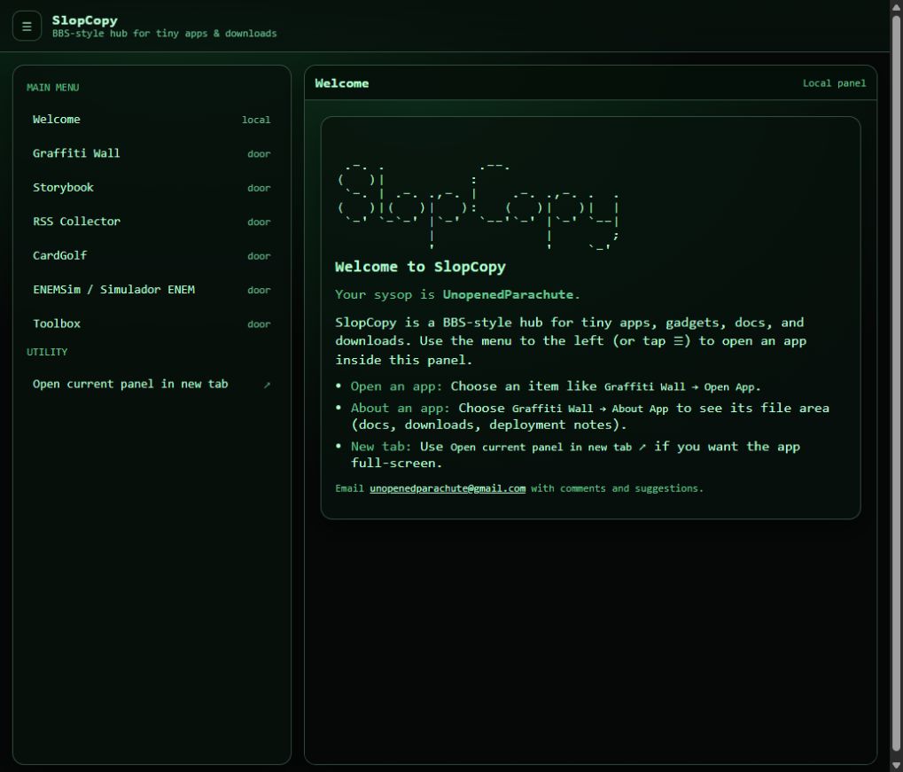 Captured original SlopCopy homepage: green text, the project directory, and the sysop welcome panel
