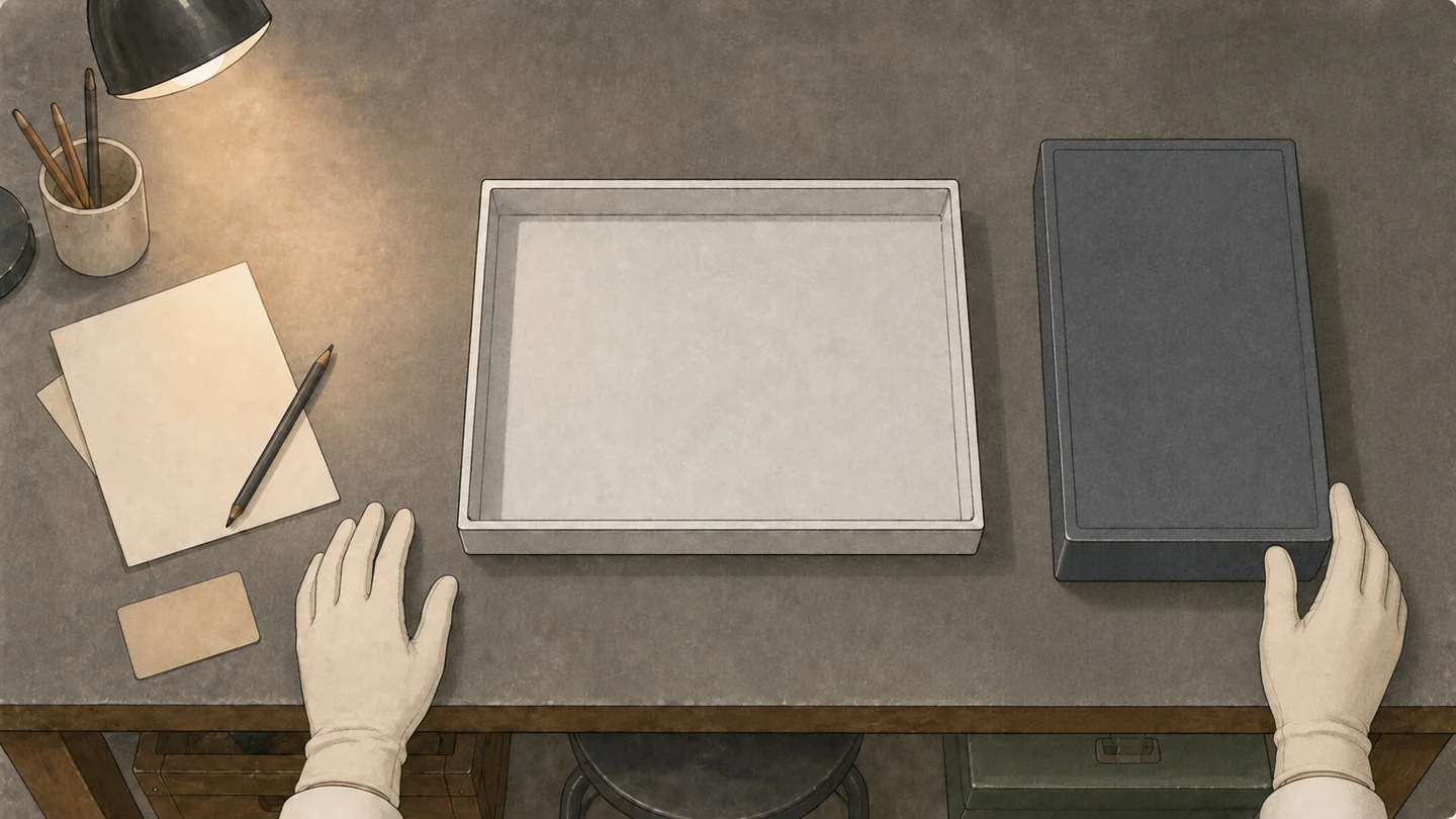 Approved animation start frame of gloved hands at a workbench beside a tray and dark case