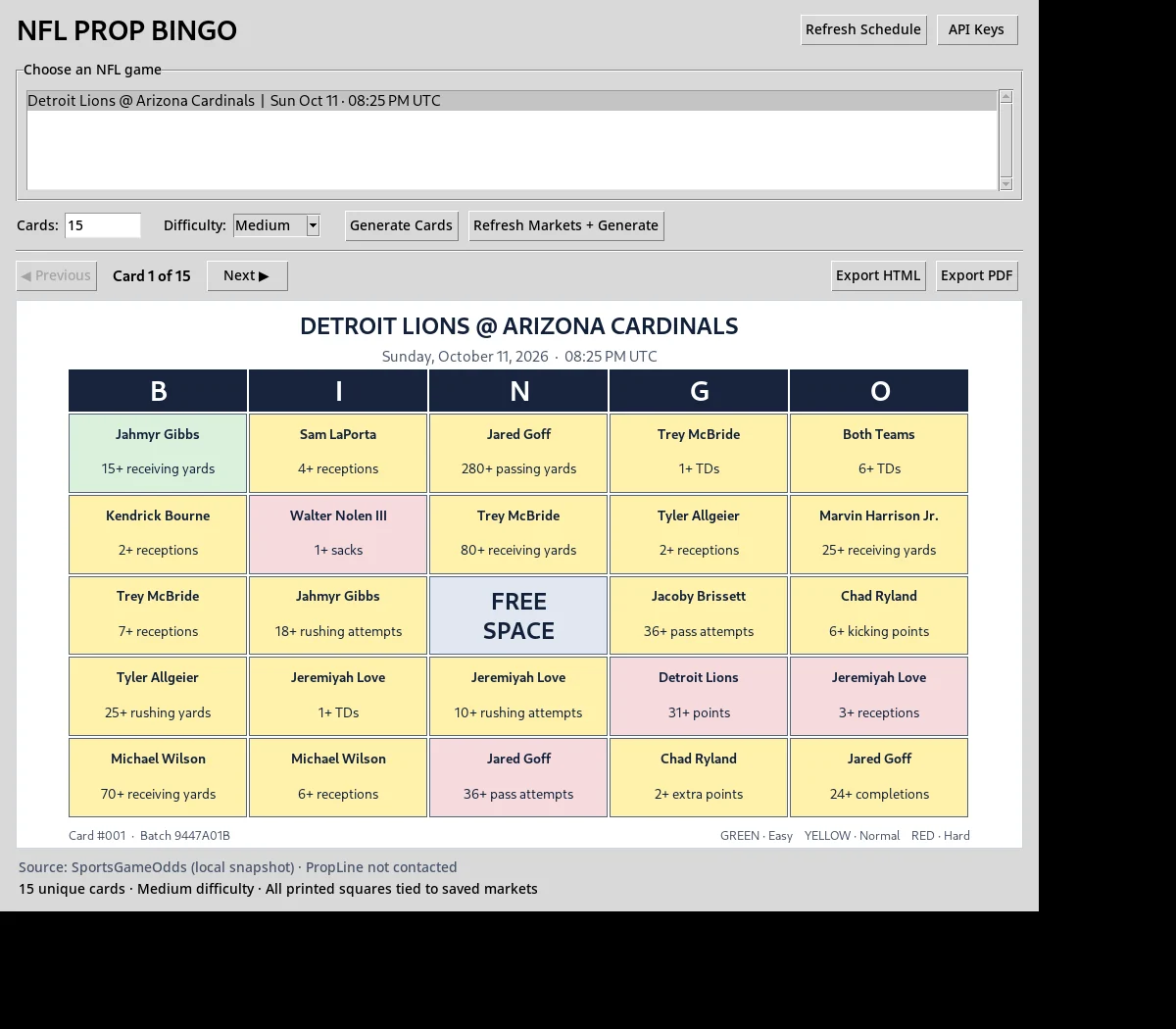 Actual desktop preview of the NFL Prop Bingo card generator