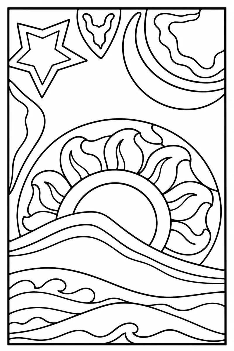 Generated black-and-white coloring page of a sun, star and flowing stained-glass shapes
