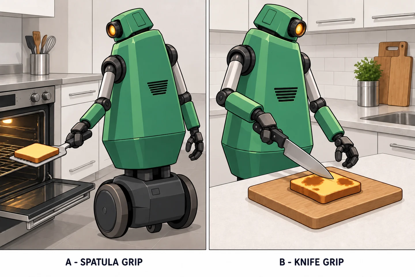 PASS robot operator using a spatula and knife in two kitchen reference poses
