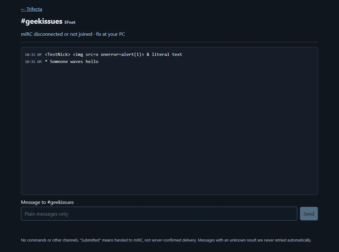 IRC bridge browser test with synthetic messages and a disconnected status