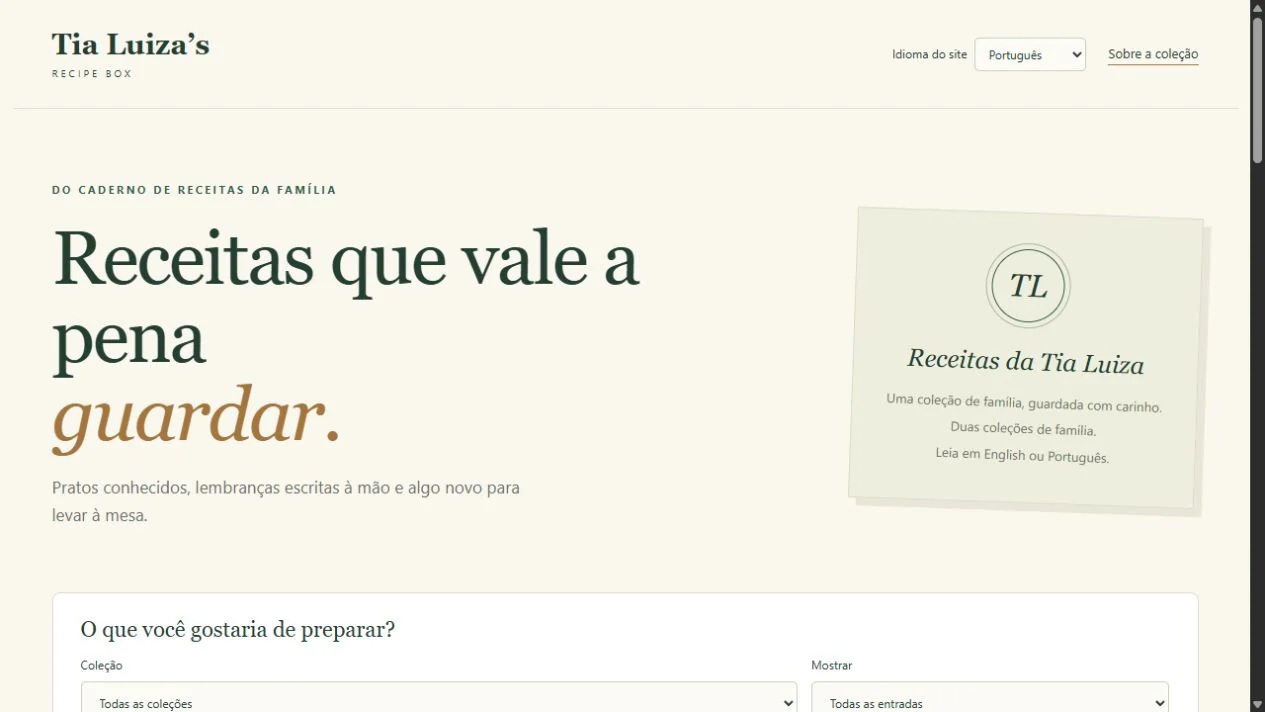 Published Recipe Box homepage with collection filters, language choices and recipe search