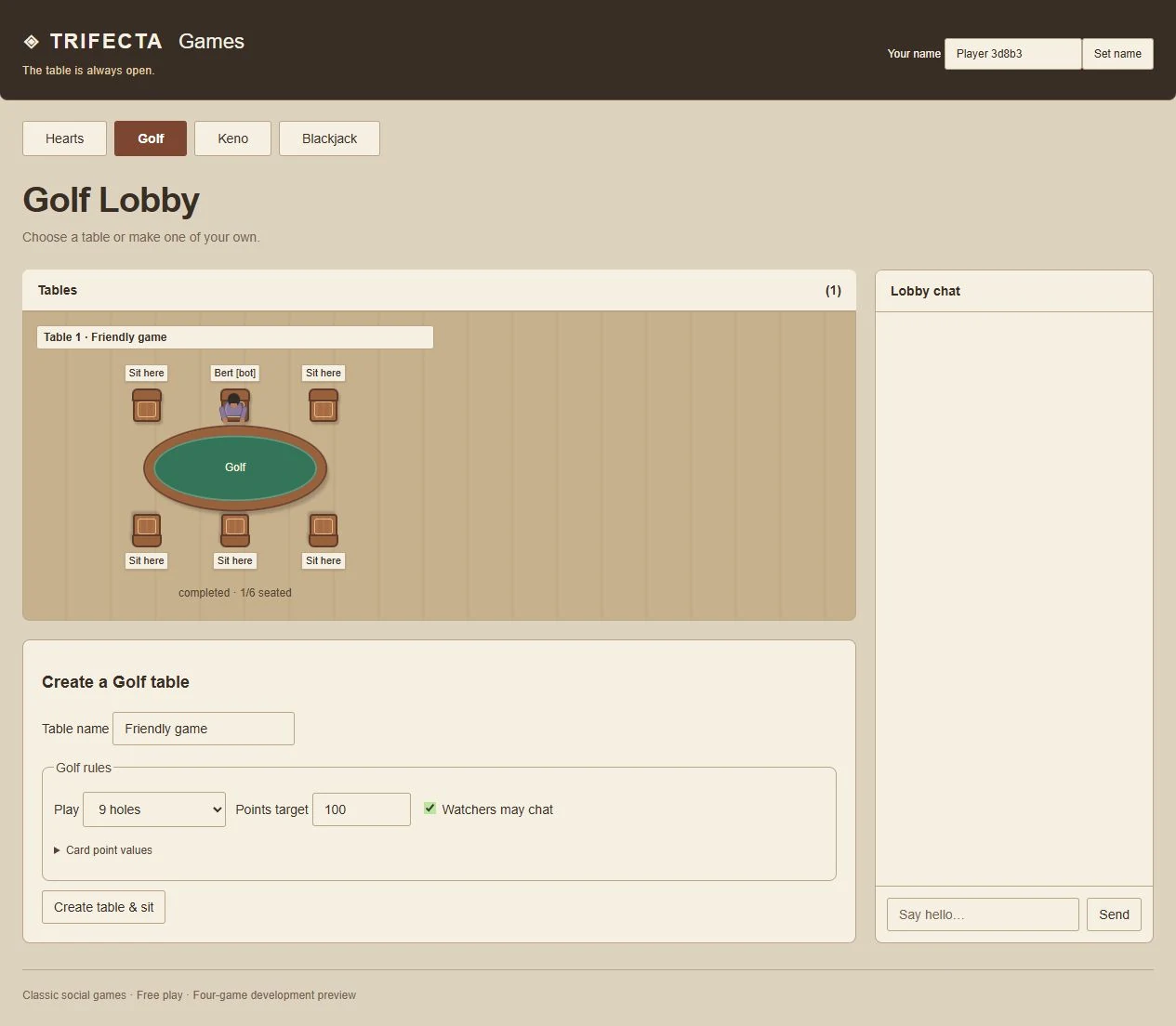 Saved Trifecta Games Golf lobby with an illustrated table, seats and empty chat
