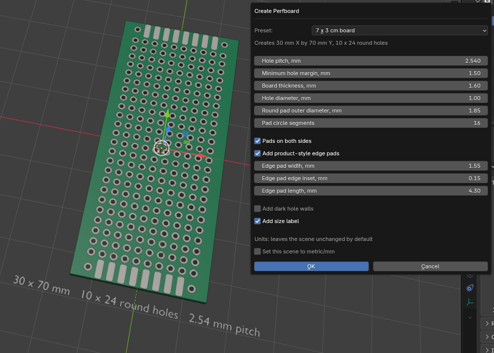 Actual Blender screenshot of the green perfboard model and its generator controls
